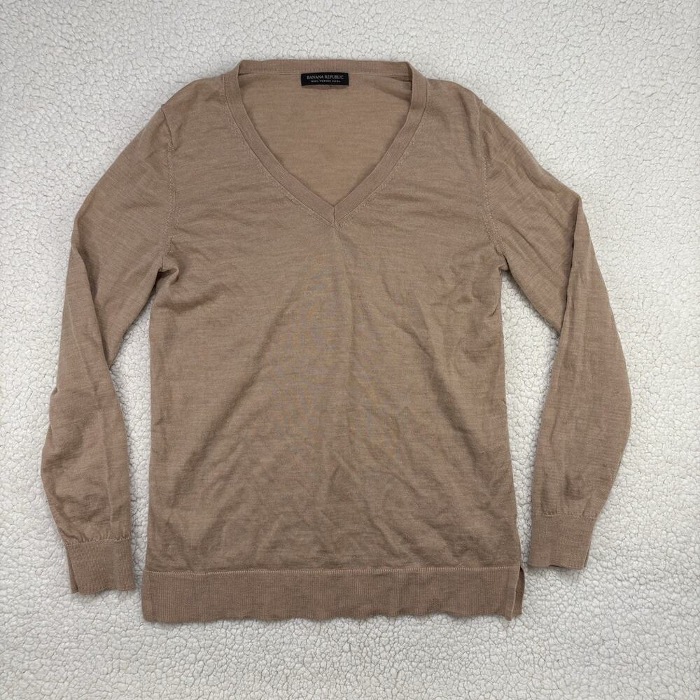 Banana Republic Womens XS Camel Sweater Tan Soft 100% Merino Wool Knit V-Neck